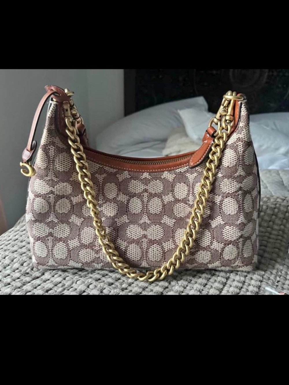 Coach Brown Signature Canvas Shoulder Bag with Gold Chain